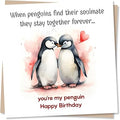 Penguin Couple Birthday Greeting Card – Cute Love Design – Blank Inside (135 x 135 mm) – Made in UK – With Envelope