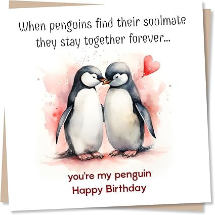 Penguin Couple Birthday Greeting Card – Cute Love Design – Blank Inside (135 x 135 mm) – Made in UK – With Envelope