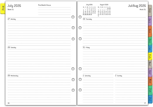 A5 Academic Diary 2026 2027 Refill Week on 2 Pages, Weekly & Monthly Planner with Tabs, Notes, Contact, Timetable, August 2026 to July 2027, 6 Hole Organiser Inserts, Mid Year Calendar 2026/27