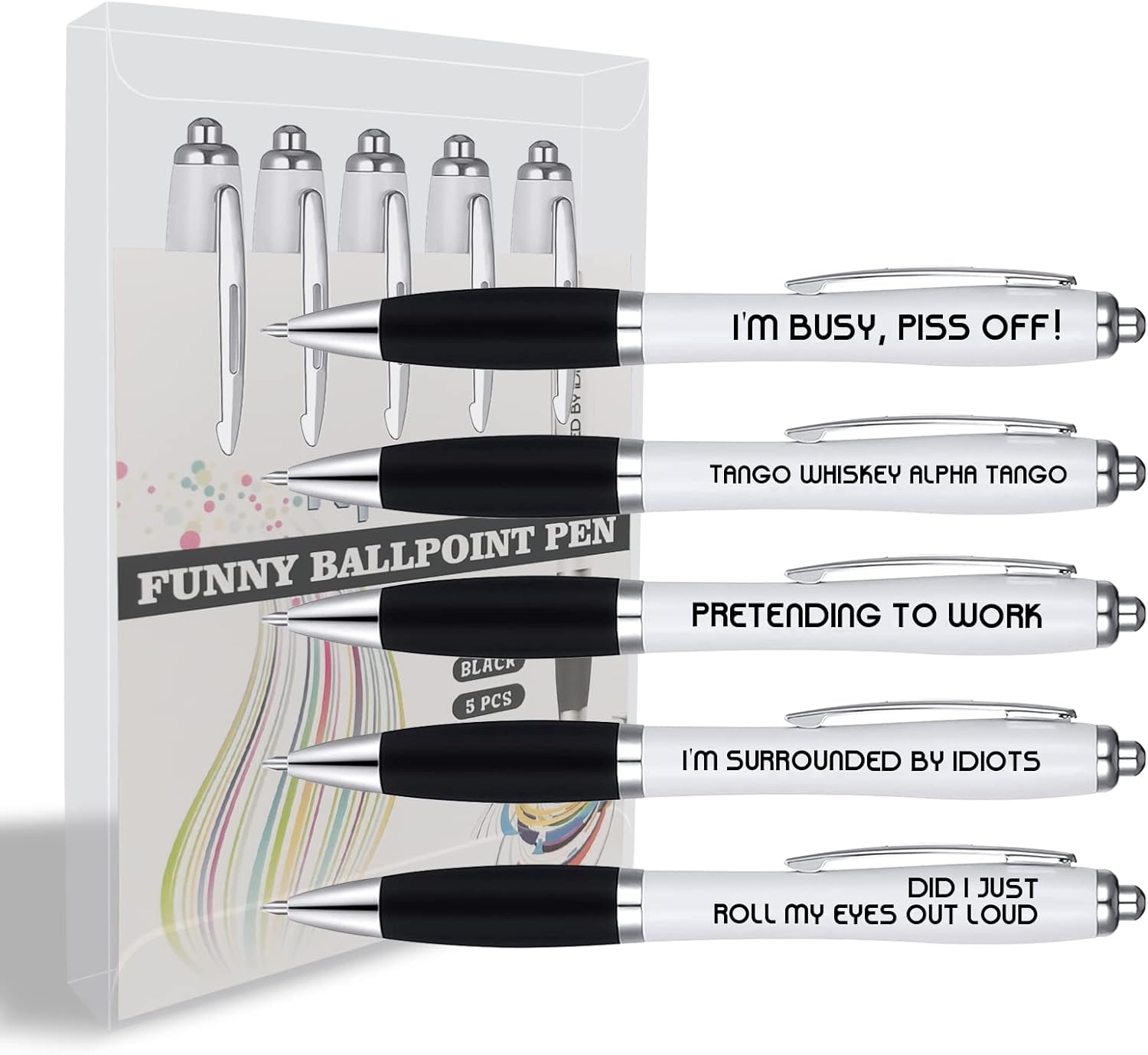 Funny Pens, 5 Pack Rude Novelty Ballpoint Pens Gifts for Work Colleague, Funny Work Sucks Pen Set for Adults Women Men Colleague, Office Colleague Birthday or Leaving Funky Stationery Quirky Gifts