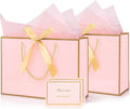 Medium Pink Gift Bag, 2pcs Present Bags with 4 Wrappers and 2 Cards, Paper Bags with Handles, Birthday Gift Bags Party Bags for Girls Valentines Bridesmaid Wedding (Pink-Gold) 20 x 10 x 28 cm