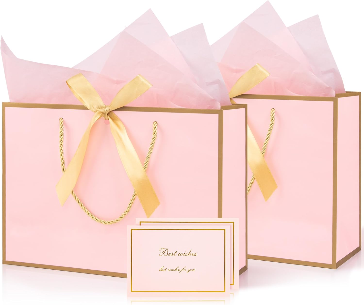 Medium Pink Gift Bag, 2pcs Present Bags with 4 Wrappers and 2 Cards, Paper Bags with Handles, Birthday Gift Bags Party Bags for Girls Valentines Bridesmaid Wedding (Pink-Gold) 20 x 10 x 28 cm