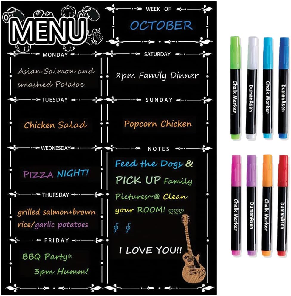 DumanAsen Magnetic Fridge Calendar, Meal Planner, Dry Eraser Weekly Menu Board - 16" x 12" inches - Includes 8 Colourful Pens (Black)