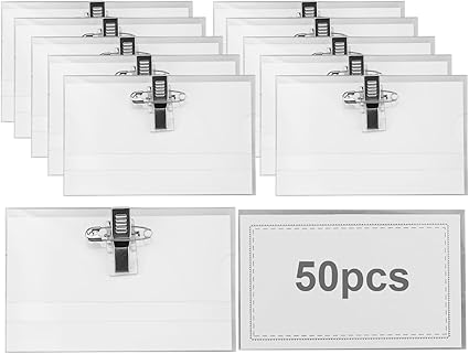 50 Pcs Name Badges for Work with Crocodile Clip and Secure Pin, 9x5.6cm Professional Name Tag Clothes Name Labels Badge Holder Conference Staff Badge Horizontal ID Holders for Office School