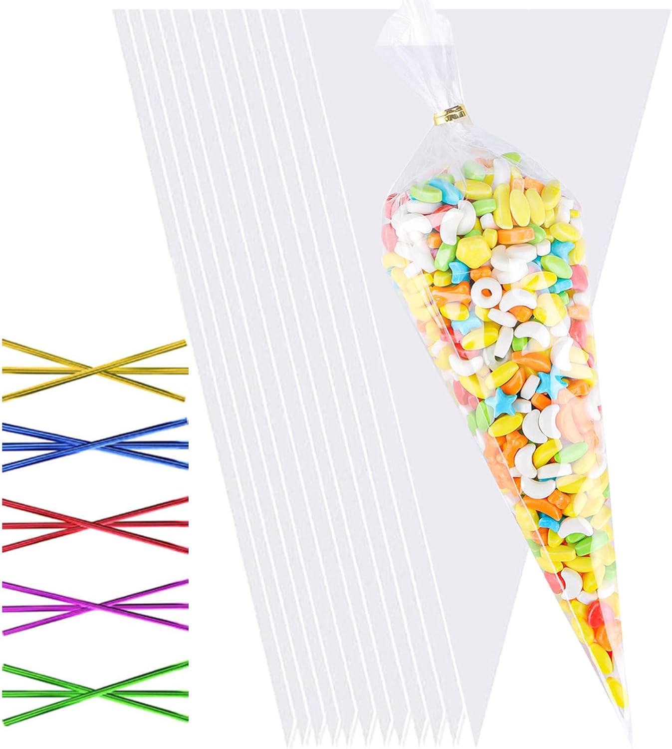 100pcs Sweet Cone Bags,30 * 16cm Cones Bags with 100pcs Colorful Ties, Triangle Sweet Cones Bag for Candy,Cookie,Baking,Displaying and Wrapping