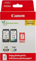 Canon Ink & Paper Multipack - PG-545/CL-546 Genuine Printer Ink Cartridges 2 Pack (1 x Black, 1 x Colour) & 4x6 Photo Paper (50 x Sheets) For TS3350, TS4550, TS3450, TS3150, TR4650, MX495