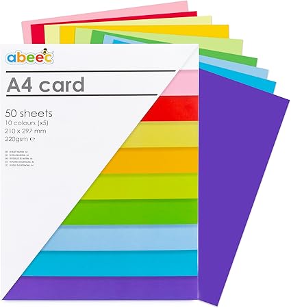 Abeec Coloured Card Pack A4 | 50 Sheets | 10 Assorted Colours Including White | Perfect for Crafting, Scrapbooking, and DIY | 220GSM Card