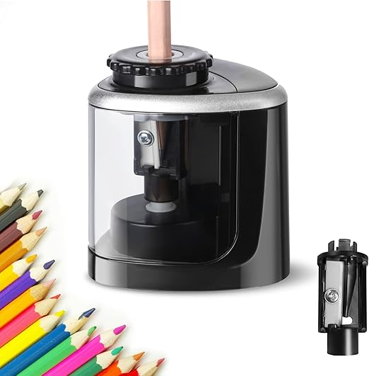 Electric Pencil Sharpener, Pencil Sharpener with Container, Battery Powered, Interchangeable Blade, Safe Non-Slip Portable Electric Sharpener for Home, Office, School