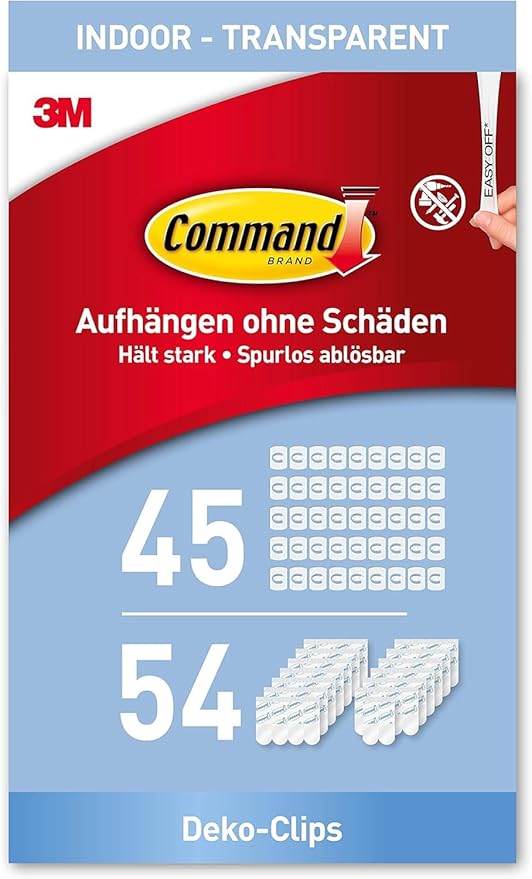 Command Clear Decorating Clips, Value Pack of 45 Transparent Clips and 54 Small Adhesive Strips - Little Hooks for Decorations and Fairy Lights - Damage Free Hanging - Packaging May Vary