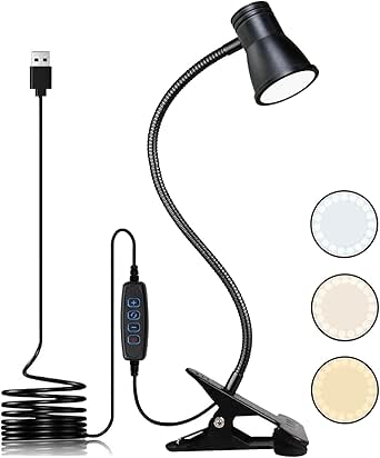 KNAMKY USB LED Desk Lamp Clip On Reading Light, 3 Light Mode 10 Dimmable Brightness Levels Eye Caring Book Light, Bed Light for Headboard,Clamp Bedside Lamp for Studying Working