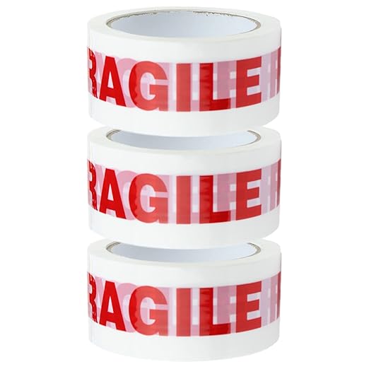 Fragile Tape | 3 x Low Noise Fragile Packing Tape | 48mm x 66m Fragile Tape Rolls | Packing Tape Strong Hold for Moving House, Packing Parcels, Cardboard Boxes & Cartons