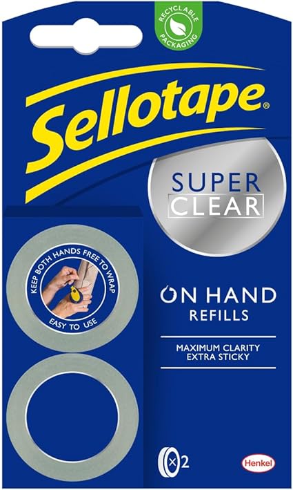Sellotape On-Hand Refills, Extra Strong Adhesive Tape, Clear Tape Refills for Arts & Crafts, Strong Tape for the On-Hand Tape Dispenser, 18mm x 15m, Pack of 2