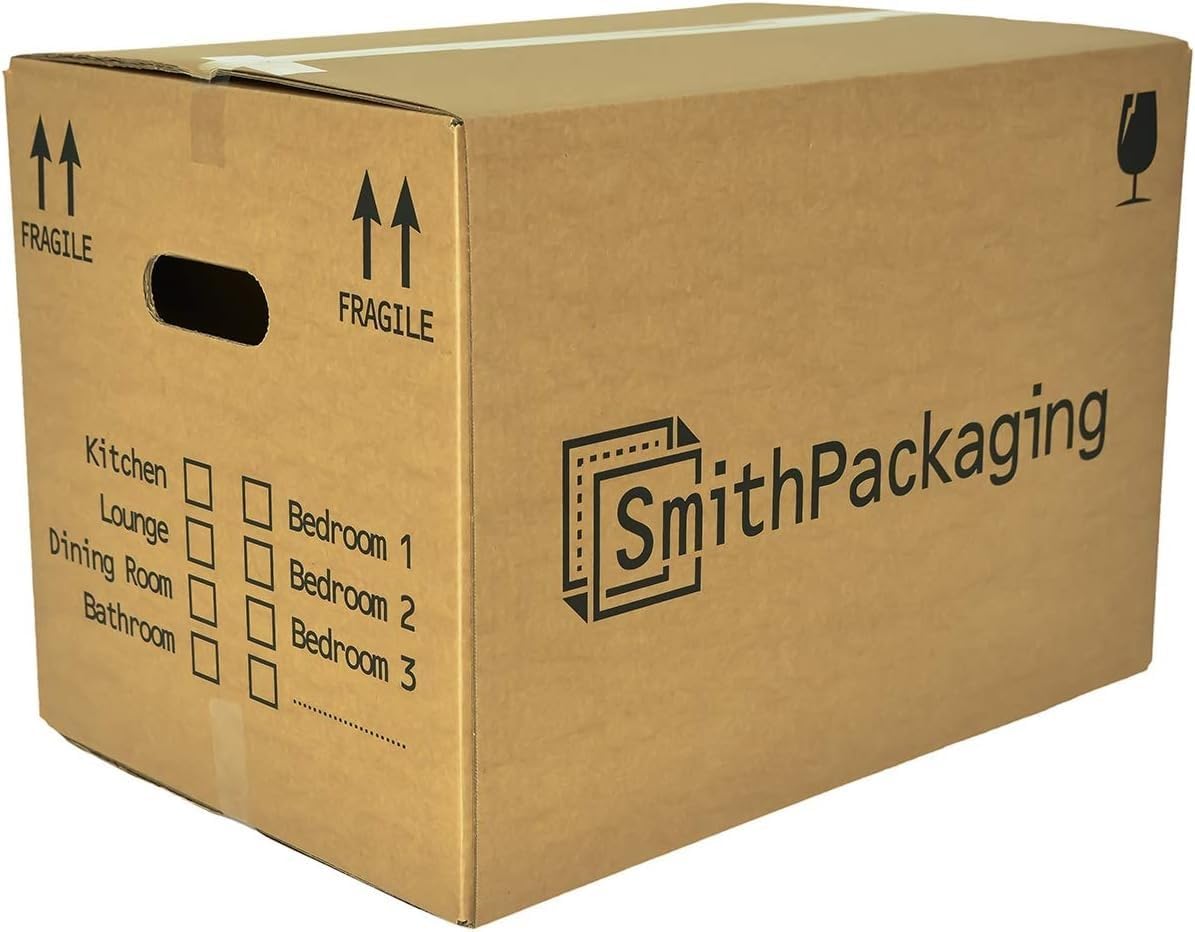 SmithPackaging 10 Large Strong Cardboard Packing Moving House Boxes 51cm x 29cm x 29cm with Carry Handles and Room List
