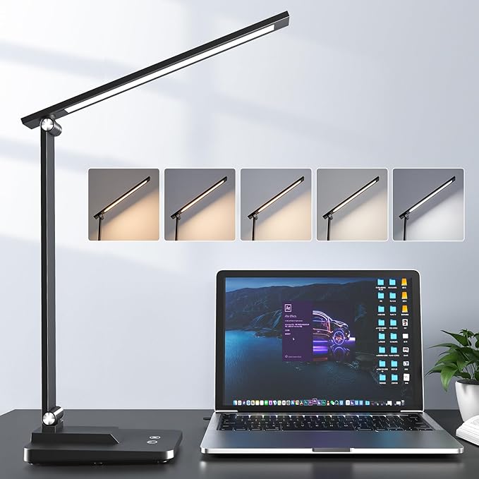 One Fire LED Desk Lamp,15 Modes Desk Light,500 Lumen Dimmable Desk Lamps, Adjustable Office Black Desk Lamps for Study Lamp, for Bedside Table [Energy Class F]