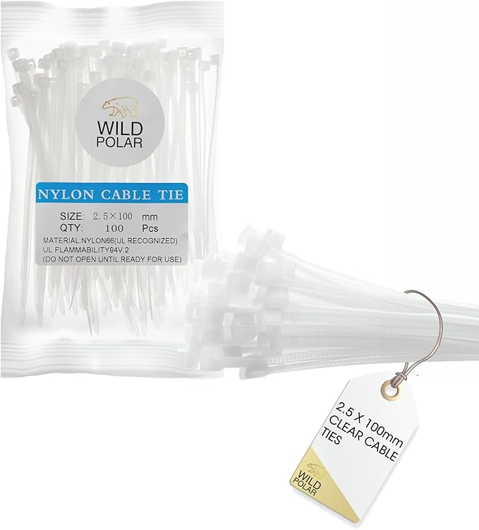 Strong Self-Locking Cable Ties Clear/White - Pack of 100 Nylon Small Zip Ties for Cable Management - Durable Plastic Ties for Home, Office & Outdoor, 100mm x 2.5mm
