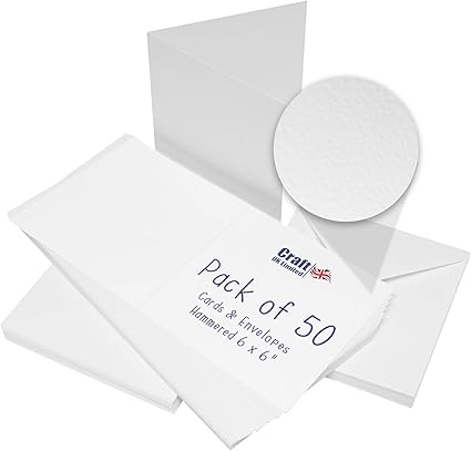 Craft UK, 50 Hammered Blank Cards and Envelopes for Card Making, 300gsm, Made in the UK, Lasting Quality, White, 6 x 6-Inch