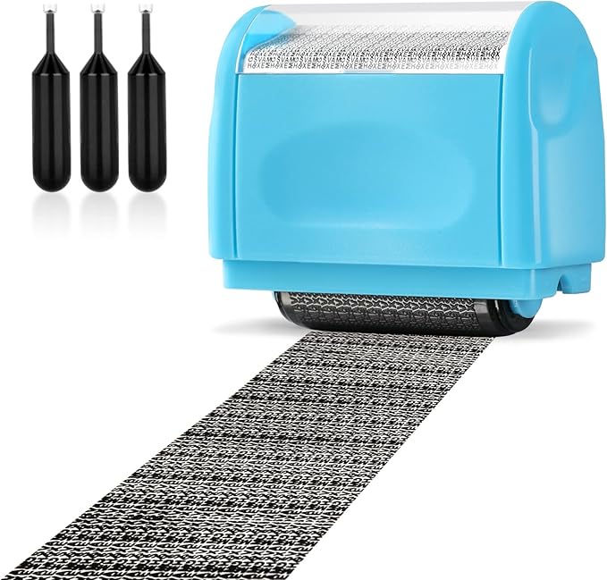 Address Blocker Wide Roller Stamp - Confidential Data Defender With 3-Pack Refills for Anti Theft and Privacy Safety (Blue Stamp + 3 Refills)