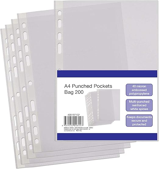 SUMMIT Punched Pockets, Clear A4 Plastic Sleeves, Reinforced Spine, Multi-Hole for Ring Binders, Pack of 200