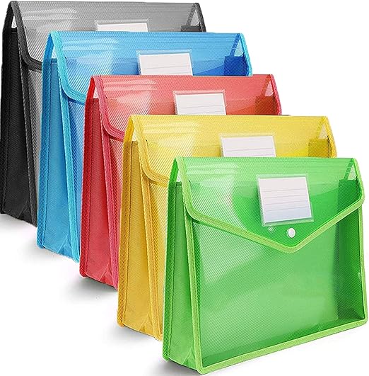 5 Pcs Plastic Wallet Folders with Popper - Document Pockets with Button, Plastic Envelope Wallets Files for A4 documents Papers,Red Blue Yellow Green Black - Pack of 5
