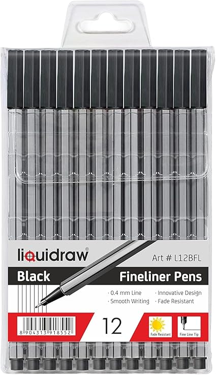 Liquidraw Black Fineliner Pens - 12 Set | Fine Point 0.4 mm Tip | Storage Wallet | Black Coloured Pens For Artists, Handwriting, Drawing, Calligraphy, Sketching | Ergonomic Design | Fade Resistant Ink