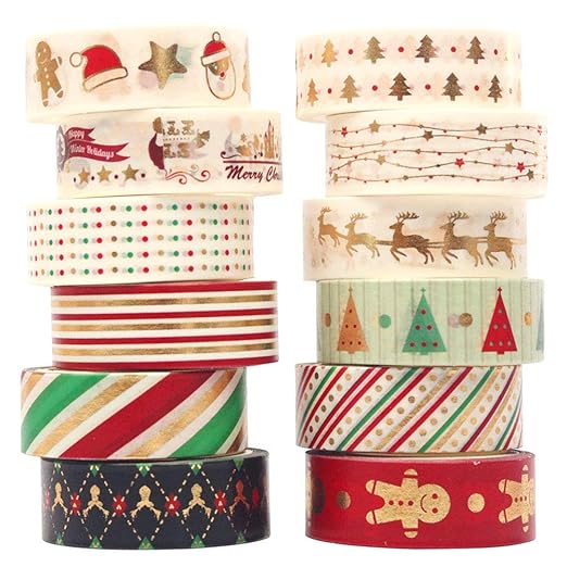 Christmas Washi Tape Set 12 Rolls Gold Masking Tape Pack Colorful Decorative Thin Tapes Christmas Holiday Designs Arts Craft Tape DIY Scrapbooking Planners Gift Wrapping Tapes Wedding(1.5cm X 5m) (12)
