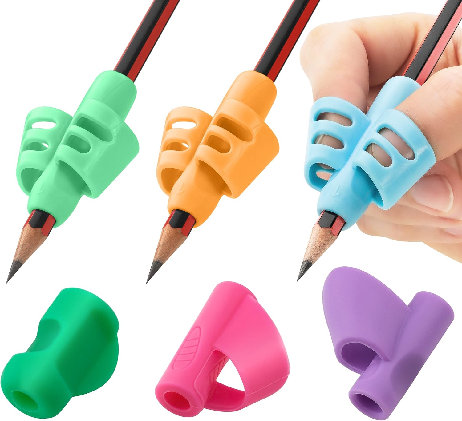 Stylo 6 Pack Pencil Grips for Children Handwriting, Multi-Color Designs, Assorted - For Left and Right Handed Children - Comfortable Writing Aid for Improving Handwriting (Multicolored)