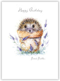 Noel Tatt Artistic Open 'Happy Birthday' Greeting Card - 'Potted Prickles' Hedgehog in Flower Pot Illustration - With A Silver Foil Finish - From The Pawfolio Range