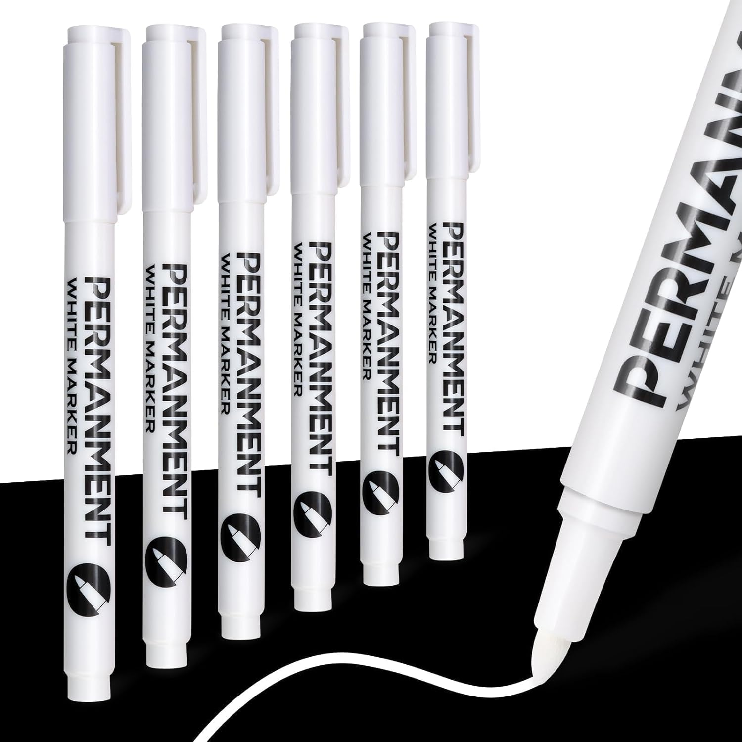 White Permanent Markers Bullet Tip Marker Paint Pen, 6 Pack Acrylic Fabric Pen 1mm White Marker Pens Set Waterproof Quick Dry for Doodling Rock Metal Glass Wood Tyre Painting Plastic