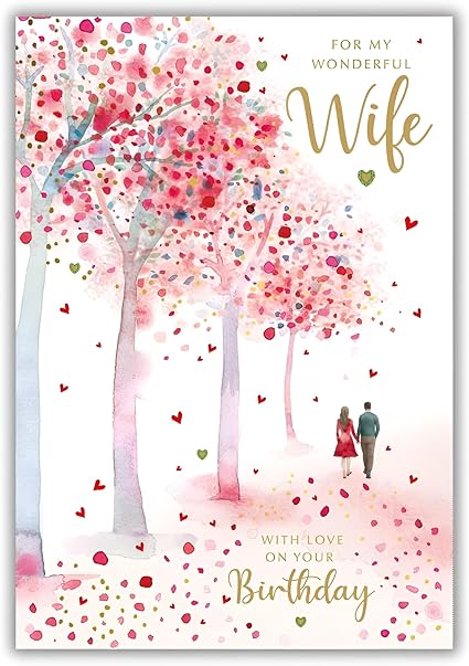 Nigel Quiney Wonderful Wife' Large Birthday Card - Cherry Blossom Walk Embossed with Foil - Eco-Friendly & Recyclable