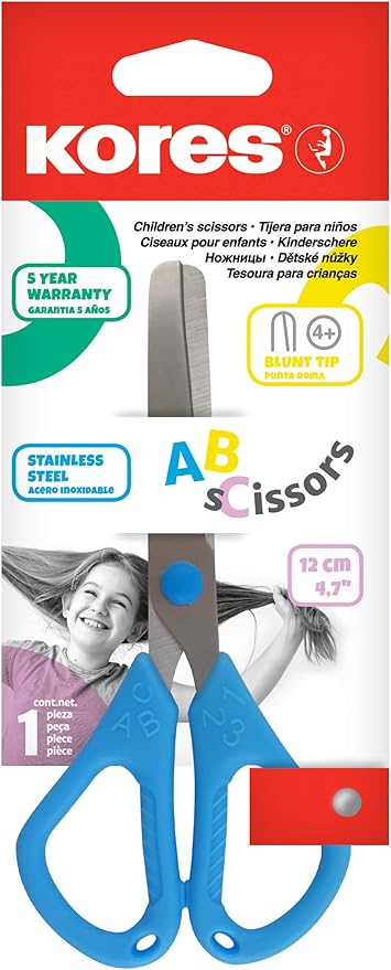 Kores - Safety Scissors - ABC, Safety Scissors for Kids and Students with Blunt Tip and Comfortable Handle for Left and Right Handers - School Supplies Kids Scissors - Pack of 1 in Assorted Colours