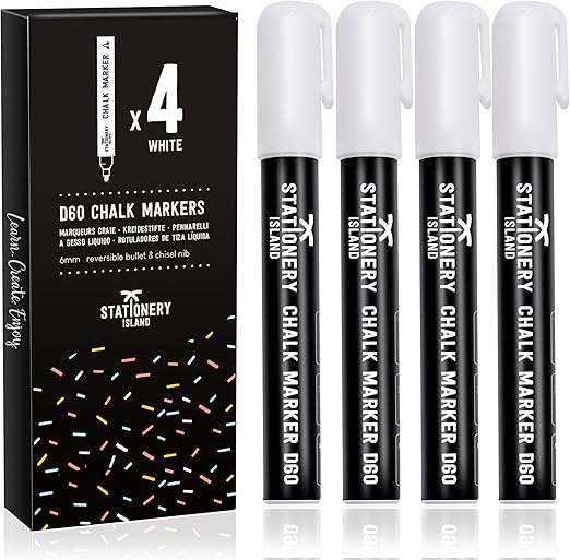 STATIONERY ISLAND White Chalk Pens for Blackboards, 6mm Reversible Nib Chalk Markers for Window and Glass, Wipeable Blackboard Pens, Pack of 4
