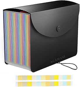 Meknaail File Organiser 24 Pockets Document Organiser Expanding Accordion Filing Folders for Paperwork A4 Size with Lid and Colour Labels Rainbow Document Box for Paper and File Storage (24 Pockets)