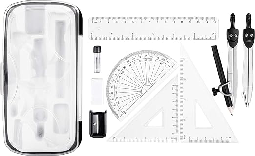 Amazon Basics 10-Piece Maths Kit - Includes Compasses, Lead, Rubber, Sharpener, Protractor, Triangles, Ruler and Carrying Box