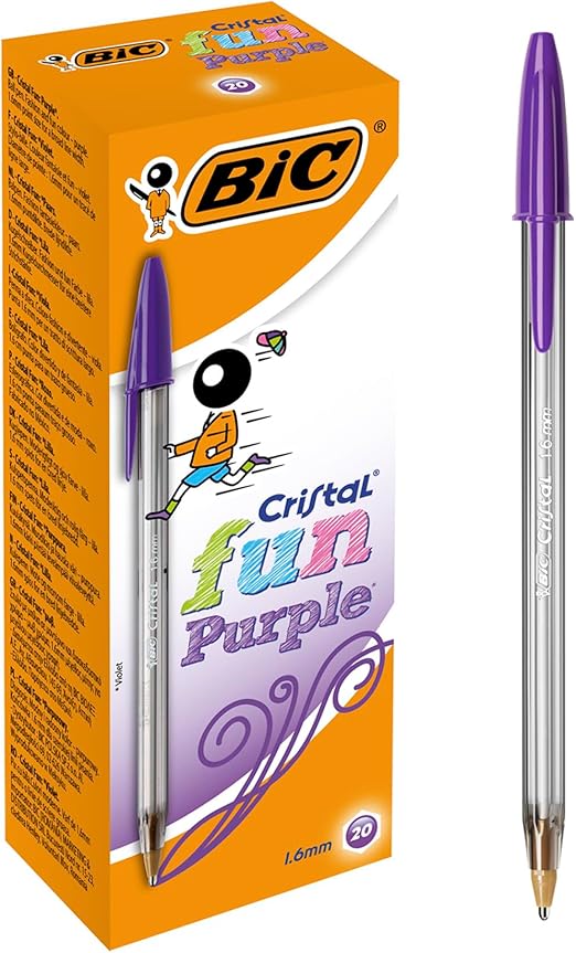 BIC Cristal Fun 1.6mm Purple Pens - Wide Point Ballpoint Biros Pens - Pack of 20 Biros