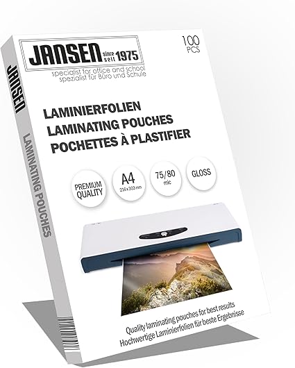 Jansen- A4 Laminating Pouches, 75/80 Micron High Gloss, Packaging May Vary (Packing of 100)