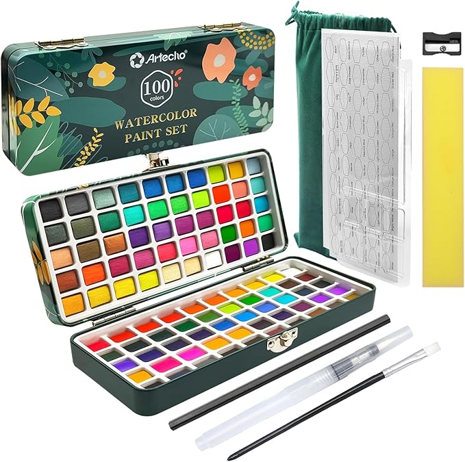 Artecho Watercolour Paint Set 100 Colors in Portable Box Including, Travel Watercolor Set with Watercolor Papers, Brushes and other Tools, Idea for Artists and Hobbyists