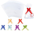 Clear Cellophane Treat Bags, AUERVO 60PCS Clear Resealable Flat Cello Bags OPP Plastic Bag Cellophane Storage Bags Sweet/Party/Gift/Home Bags with 60PCS Mix Colors Pull Bows