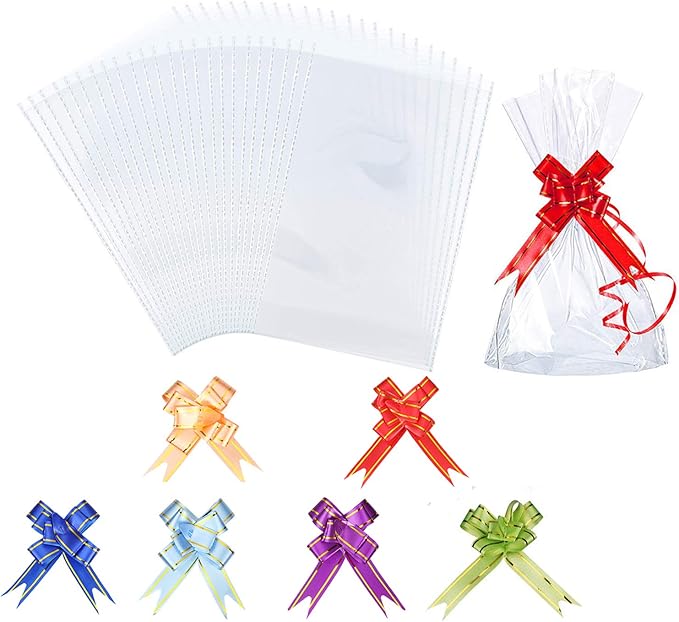 Clear Cellophane Treat Bags, AUERVO 60PCS Clear Resealable Flat Cello Bags OPP Plastic Bag Cellophane Storage Bags Sweet/Party/Gift/Home Bags with 60PCS Mix Colors Pull Bows
