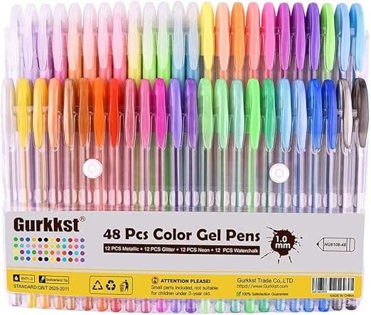 48 Packs Color Gel Ink Pens Set The Best Gel Pens Colouring Books,Drawing,and Writing (12 Metallic + 12 Glitter + 12 Neon + 12 Water Chalk)