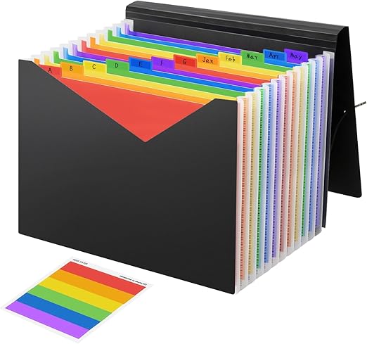 Accordion Expanding File Organiser,File Wallet with Colour Labels,13 Pockets Portable Filing Box Desktop Colored Folders Paper Document Paperwork Receipt Organisers A4 and Letter Size