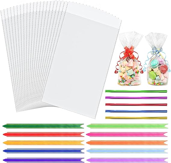 Cellophane Bags,100pcs (6 x 10 Inches) Cellophane Bags with 100pcs Colorful Pull Bows & 100pc Colorful Ties,Flat Bottom Sweets Clear Bags for Present Packaging of Christmas, Halloween, Birthday.