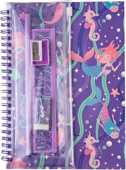 Enchanted Mermaid Girl's Notebook Set - A5 Spiral Notebook with Stationery, Ruler, Eraser and Sharpener | Perfect Present for Students | Handy and Durable Cover for Protection | Mermaid Theme