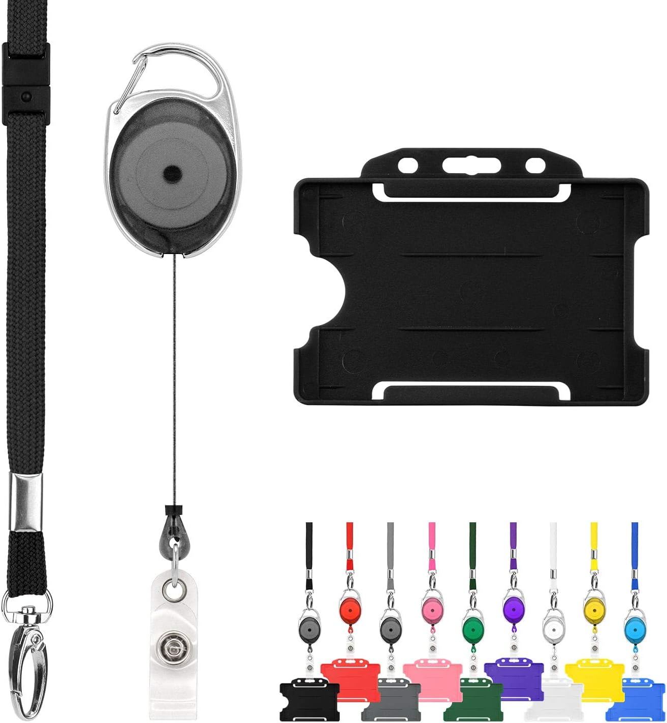 Retractable Lanyard and Badge Holder Trio Triple Pack by LanyardsTomorrow - Set Includes A Single Plain Lanyard, Extendable Carabiner Yoyo Reel Clip and Rigid ID Card Holder (Black)