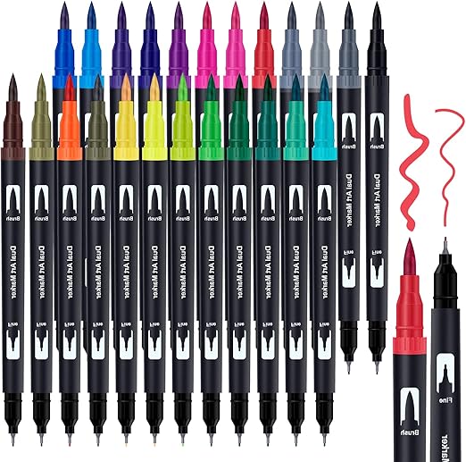 Dual Tip Brush Pens for Adult Colouring Books, 24 Colouring Pens for Bullet Journal, Coloured Pens Fineliners Felt Tip Pens , Adult Colouring Pens Journal Pens for Drawing, Lettering, Calligraphy