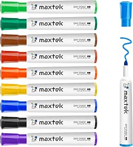 maxtek Whiteboard Markers Bullet Tip, Dry Wipe Pens for White board Flip Chart, Low Odor Whiteboard Pens, White Board Markers Erasable for School Office Home - Assorted Colours (Pack of 10)