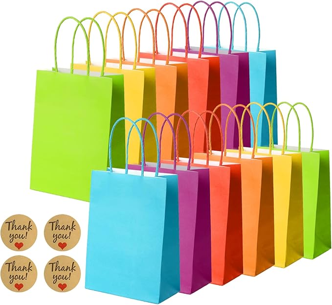 30 Pcs Paper Party Bags, Gift and Sweet Bags with Handles, Kraft Bags with Stickers, Paper Party Bags for Kids Party, Celebrations, Baby Shower, Birthday, Halloween, Christmas -15 x 8 x 21 cm
