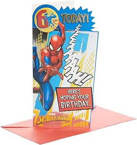 UK Greetings Marvel 6th Birthday Card For Him/Boy With Envelope - Badge Design - With Spider-Man, 121mm x 229mm