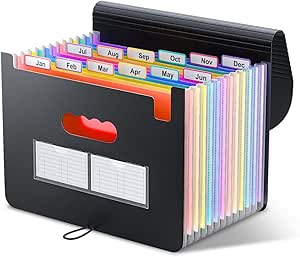 ThinkTex Accordion‌ File Organiser, 12 Pockets Expanding File Folders, Portable Monthly Bill Receipt Organiser, Colorful Tabs, Letter/A4 Size