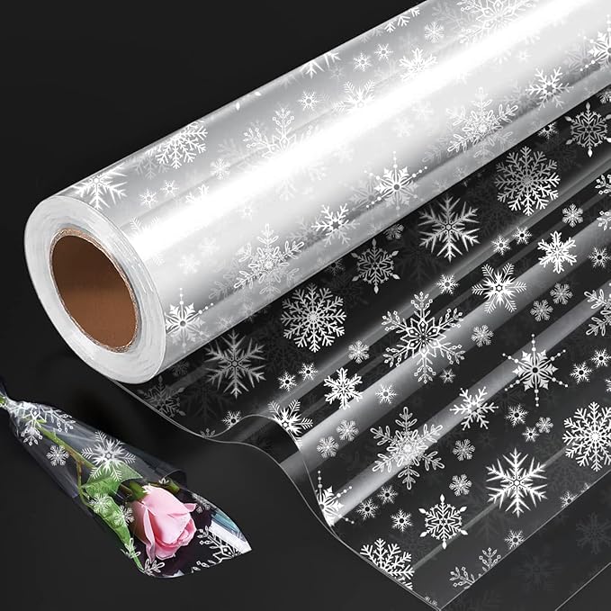 Folded Package Cellophane Wrap Roll Printed with Snowflake, Folded Clear 80cm x 30M Cellophane Wrapping for Hampers Birthday Mother's Day Cookies Gifts Easter Bundles Wrapping
