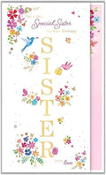 Tall Birthday Greeting Card - Special Sister - Gorgeous Floral Design - Gold Foil Finish